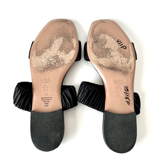 Lewit Elena Black Leather Ruched Two Strap Flap Slide Sandals Size 39 / 8 - Picture 7 of 7
